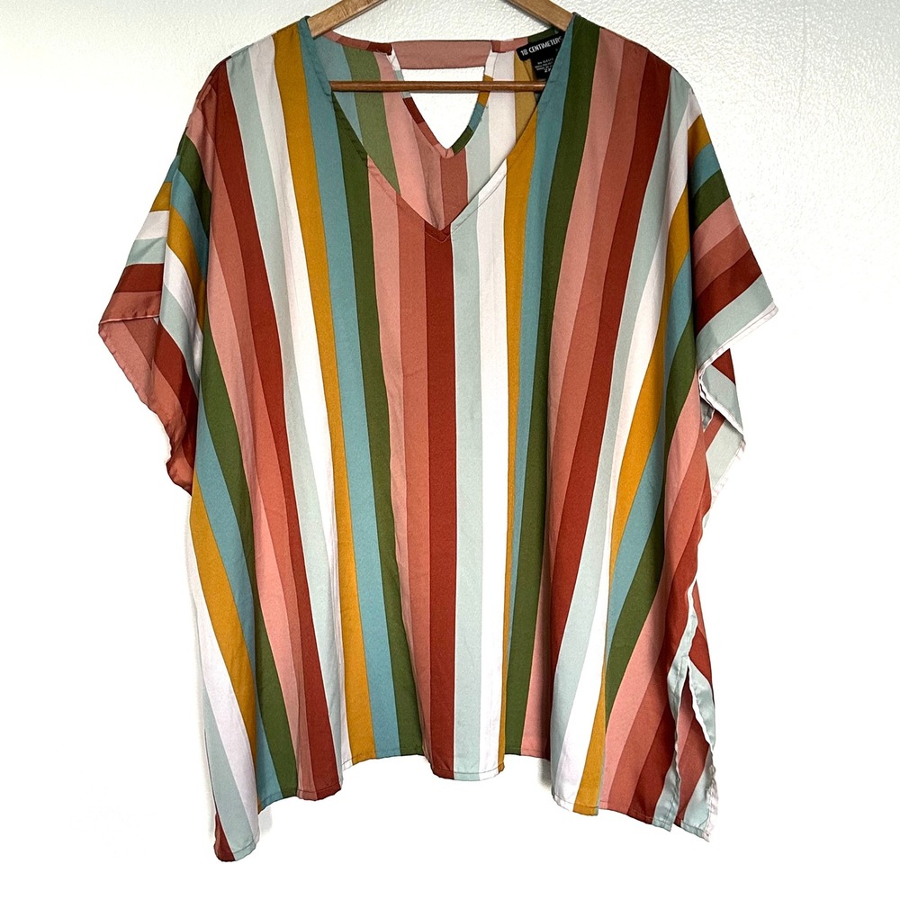 18 CENTIMETERS Plus Shirt Women's 2X Stripe V Neck Short Sleeve Kaftan Top